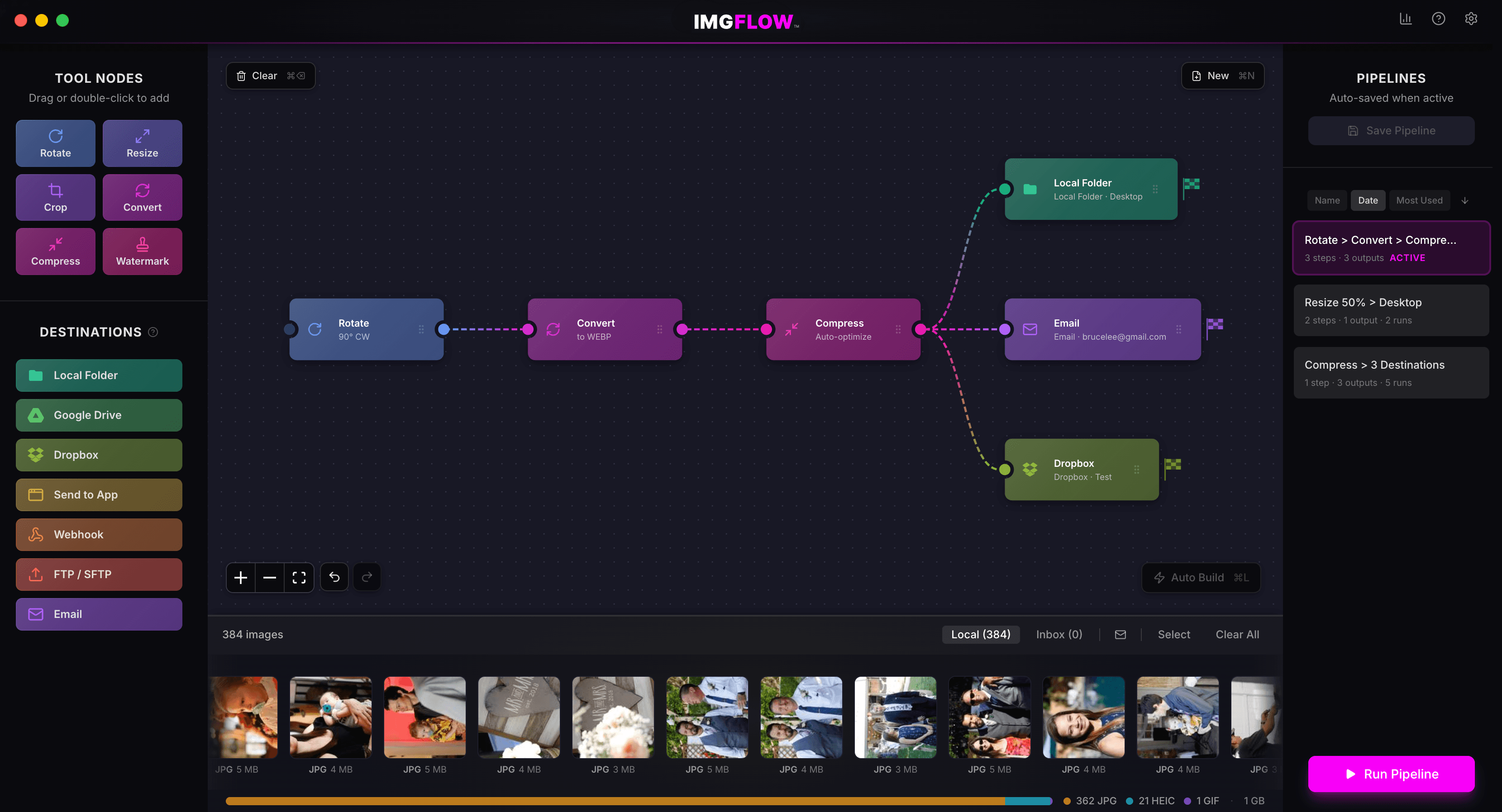 IMG Flow desktop app — visual pipeline canvas